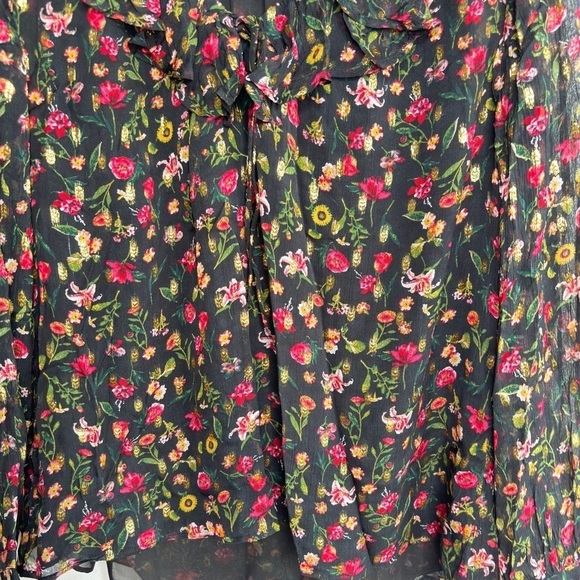 J CREW Ruffleneck Peasant Top Black Flora Gold Metallic Blouse Womens Large NWOT - Picture 12 of 15